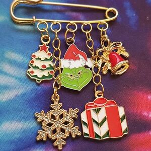 Handmade Christmas Holiday Grinch Charm Safety Pin Brooch